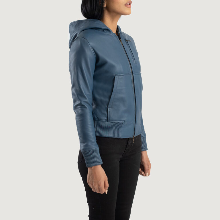 Womens Luna Blue Hooded Leather Bomber Jacket Side Pose-3-1686934515584